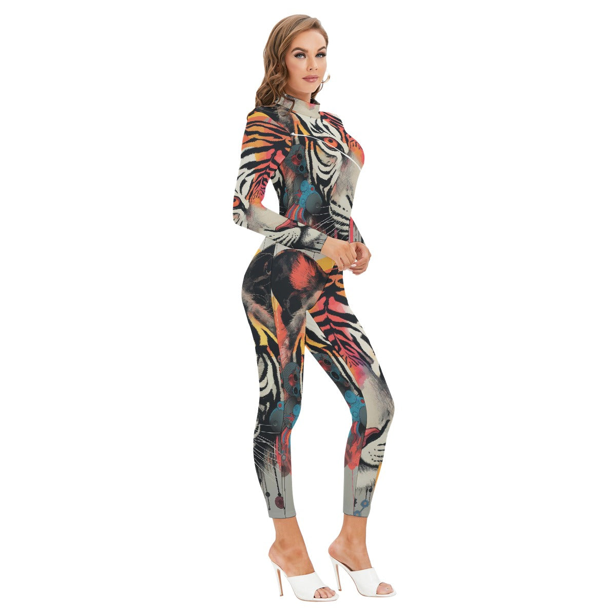 All-Over Print Women's Long-sleeved High-neck Jumpsuit With Zipper