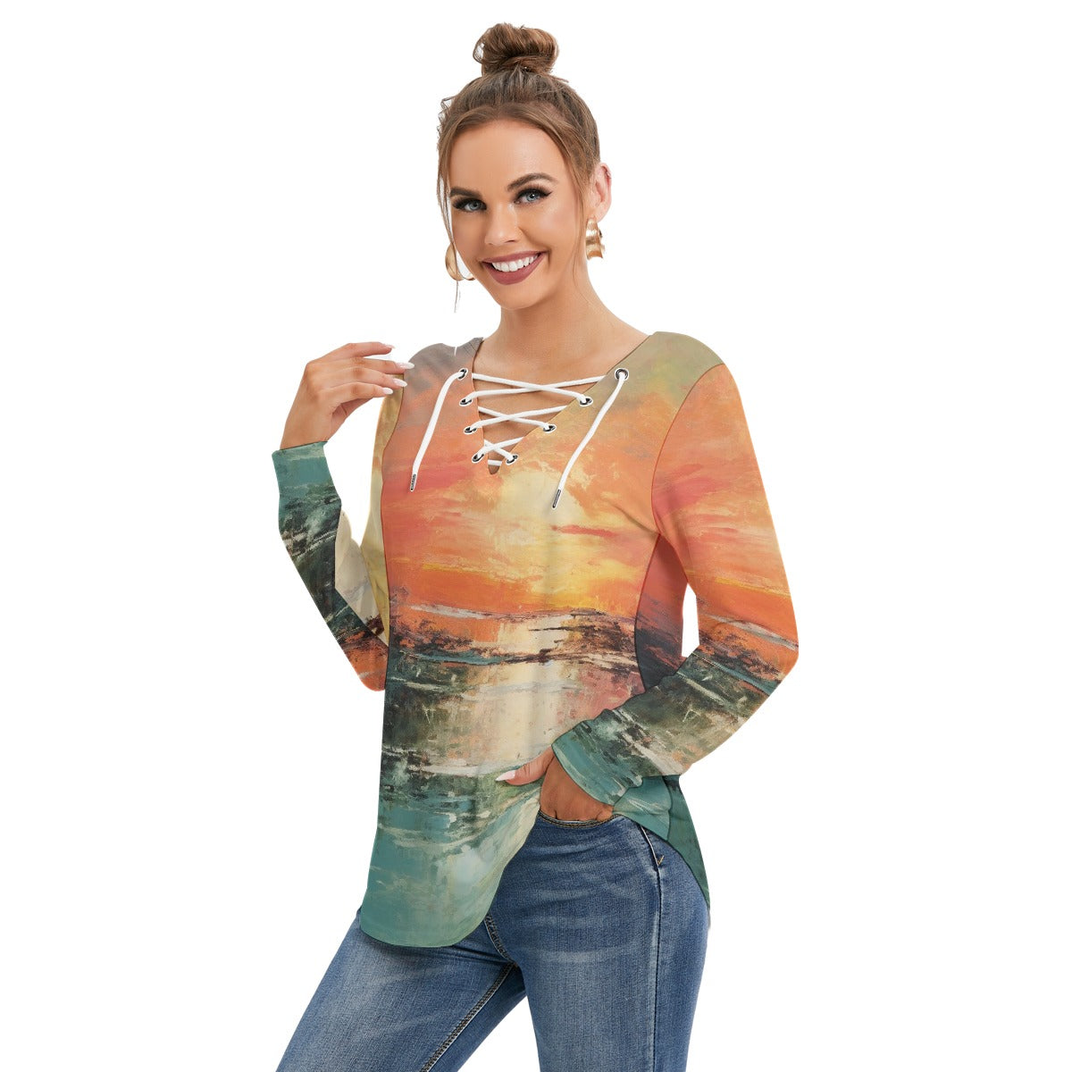 All-Over Print Women's Long Sleeve Neckline Tie Sweatshirt