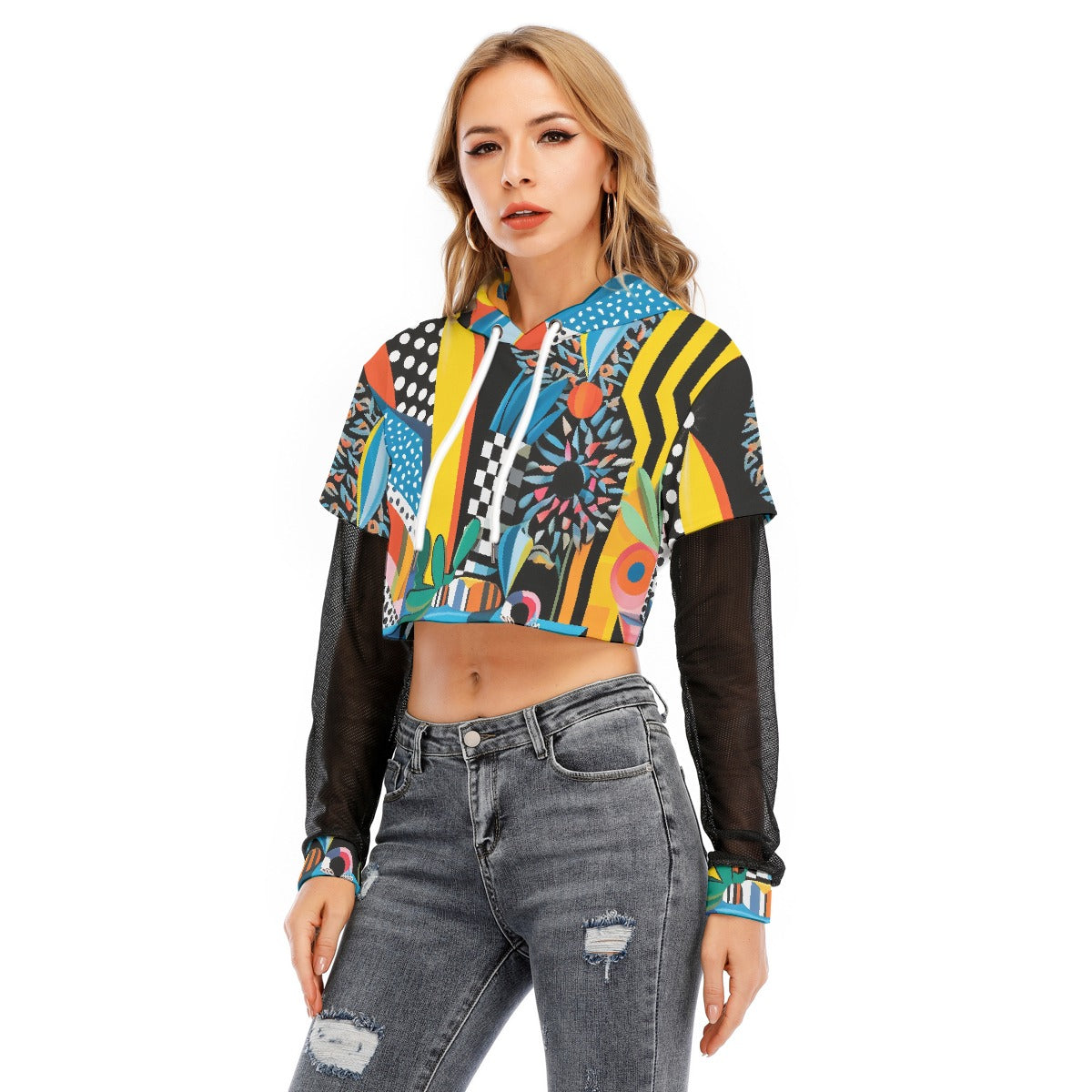 All-Over Print Women's Fake Two-piece Mesh Sleeve Cropped Hoodie