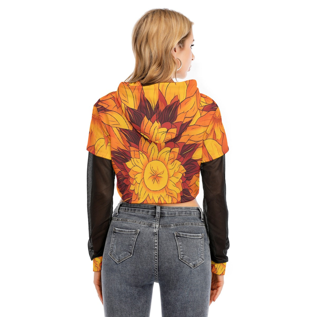 All-Over Print Women's Fake Two-piece Mesh Sleeve Cropped Hoodie