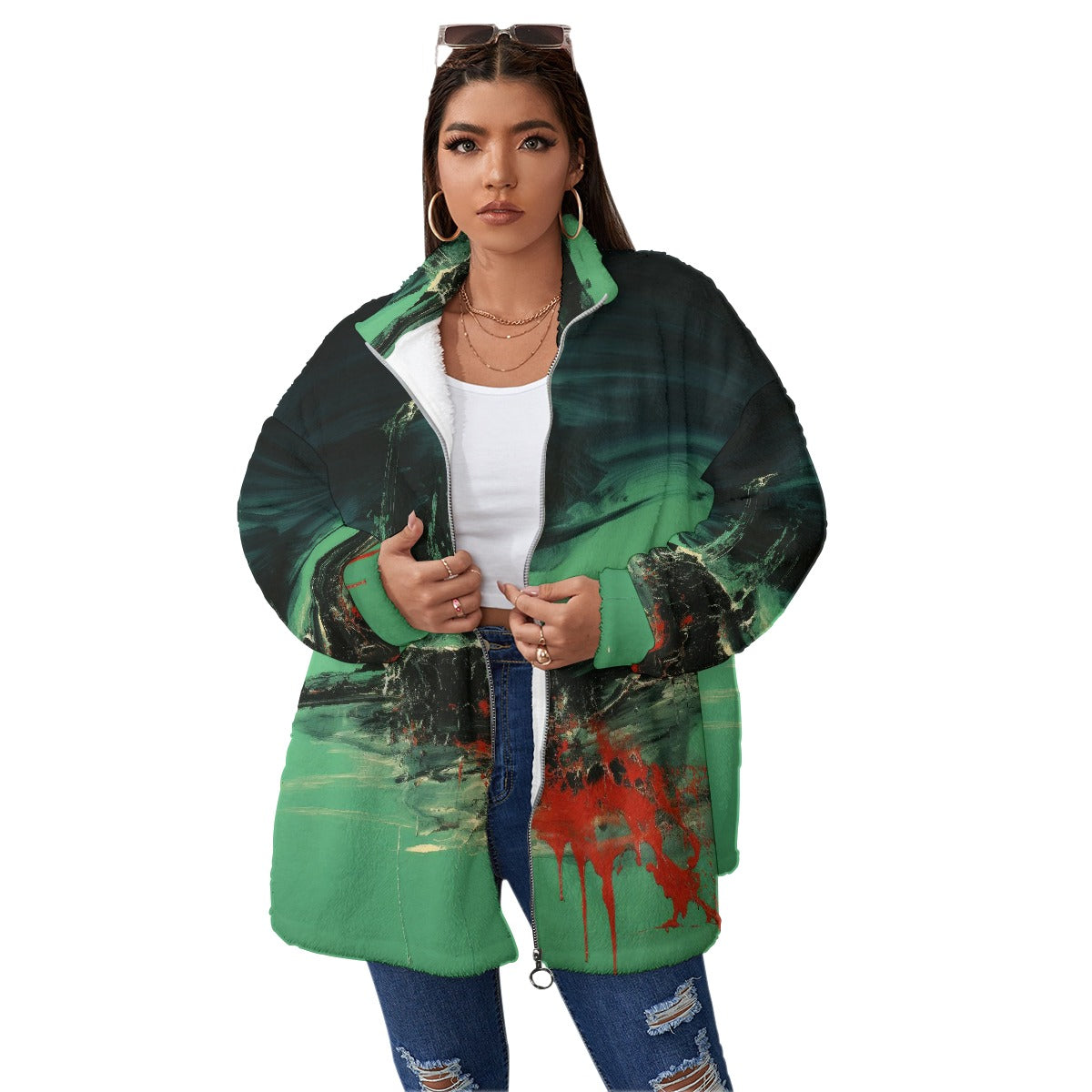 All-Over Print Unisex Borg Fleece Stand-up Collar Coat With Zipper Closure(Plus Size)