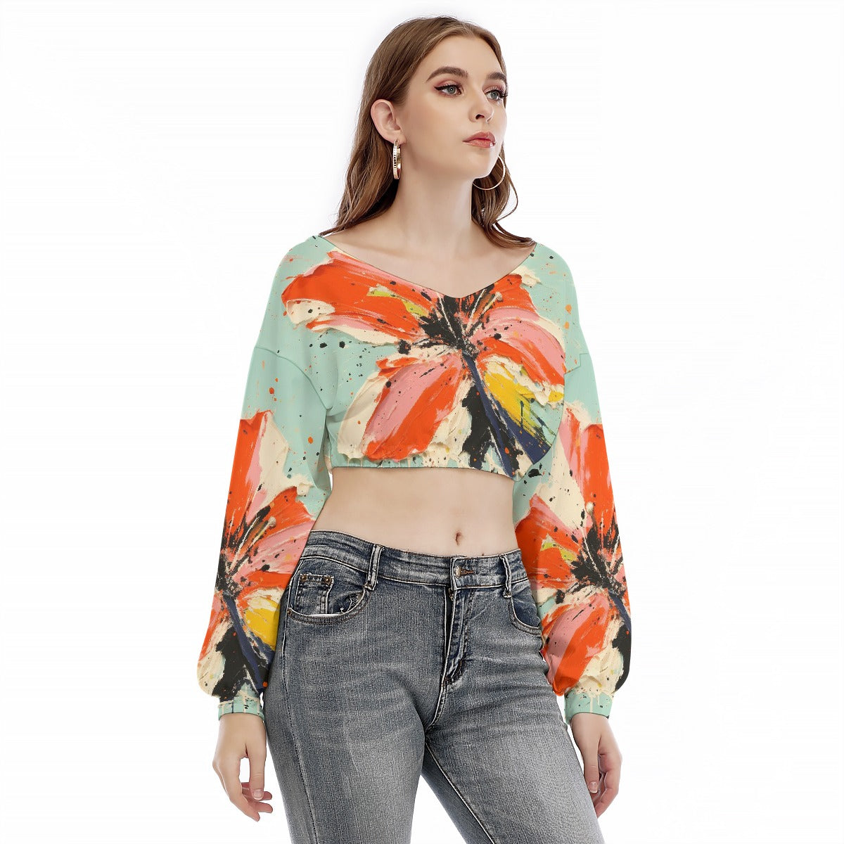All-Over Print Women's V-neck Long Sleeve Cropped Sweatshirt