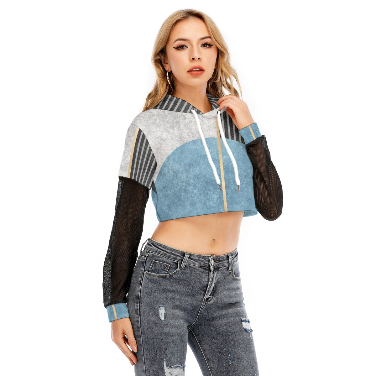 All-Over Print Women's Fake Two-piece Mesh Sleeve Cropped Hoodie