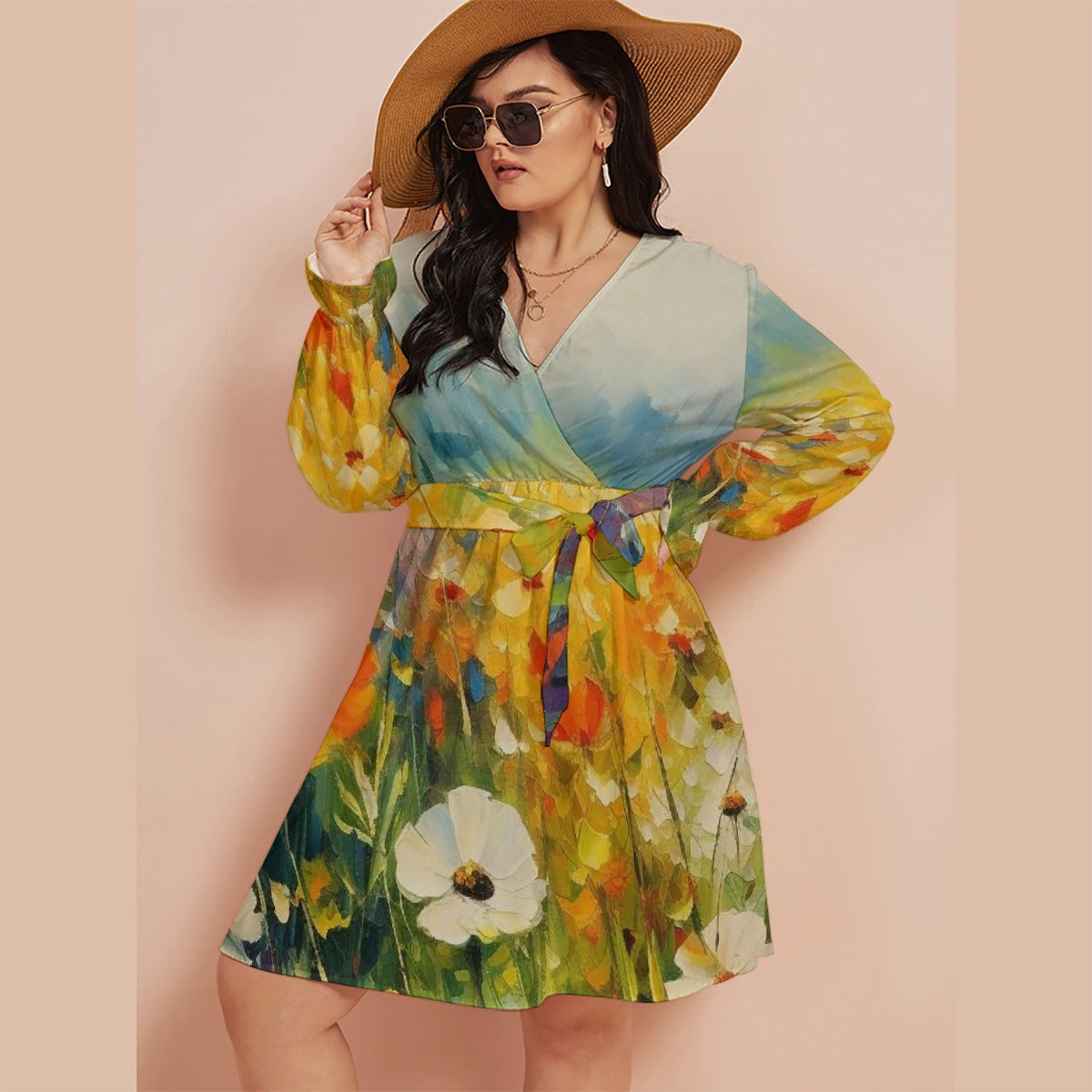 All-Over Print Women's V-neck Dress With Waistband(Plus Size)