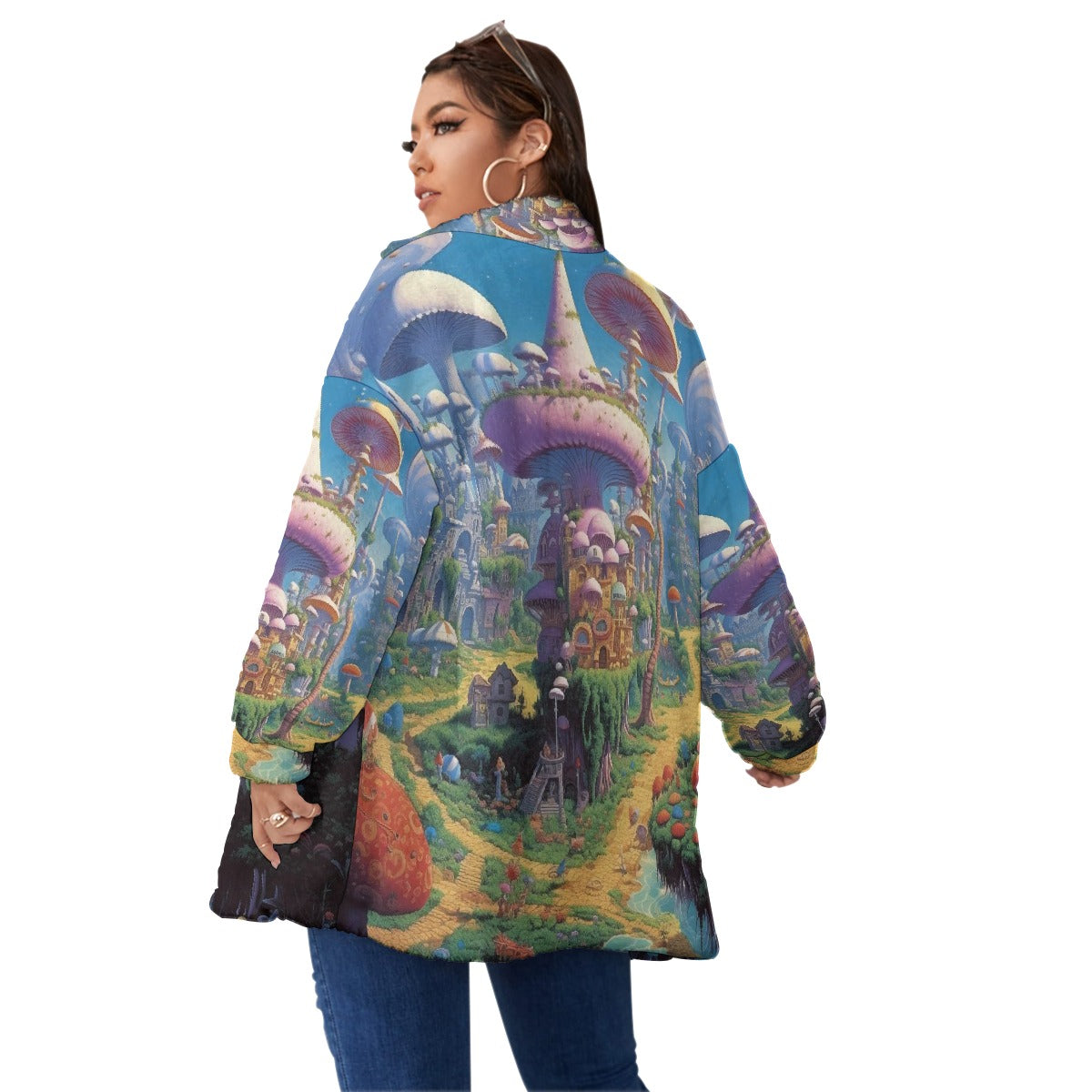 All-Over Print Unisex Borg Fleece Stand-up Collar Coat With Zipper Closure(Plus Size)