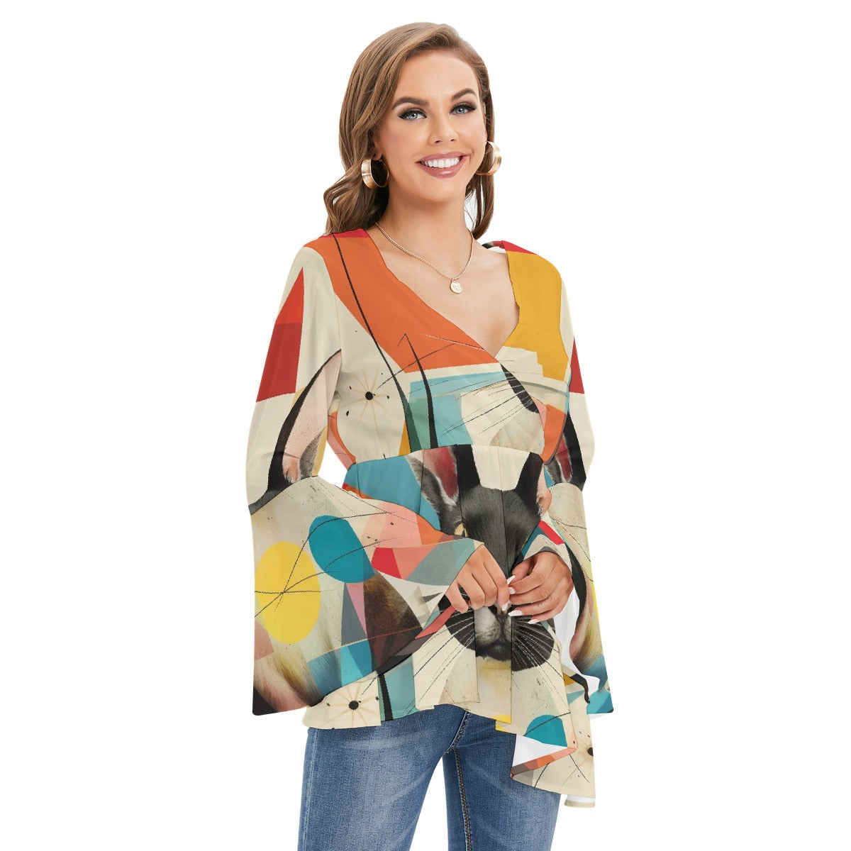 All-Over Print Women's V-neck Blouse With Flared Sleeves