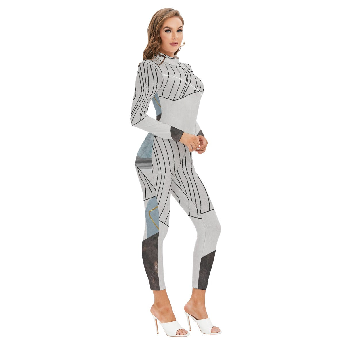All-Over Print Women's Long-sleeved High-neck Jumpsuit With Zipper