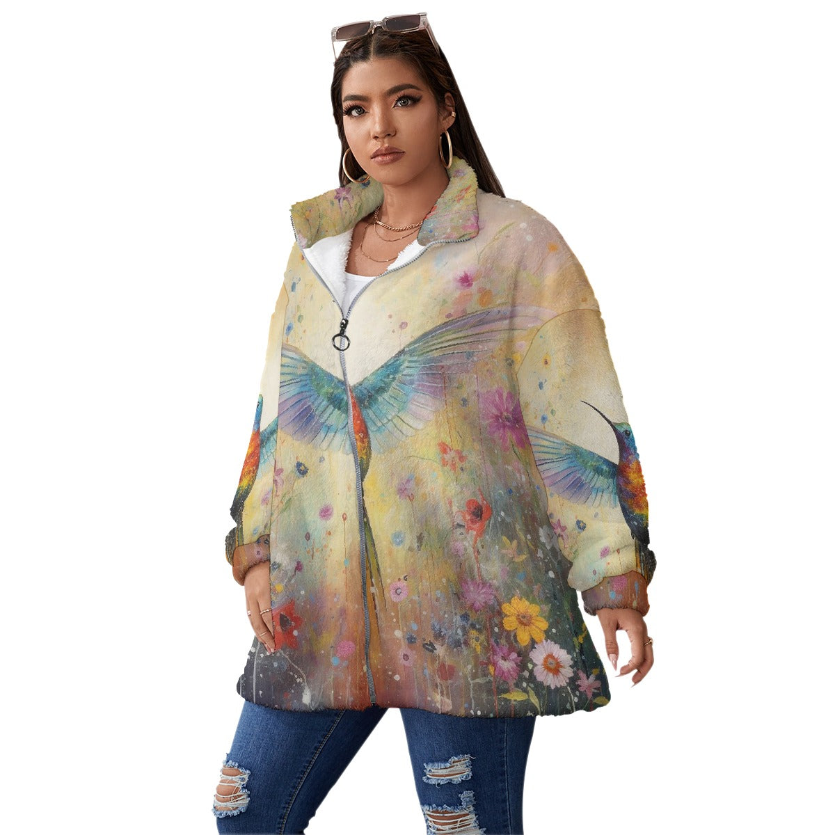 All-Over Print Unisex Borg Fleece Stand-up Collar Coat With Zipper Closure(Plus Size)