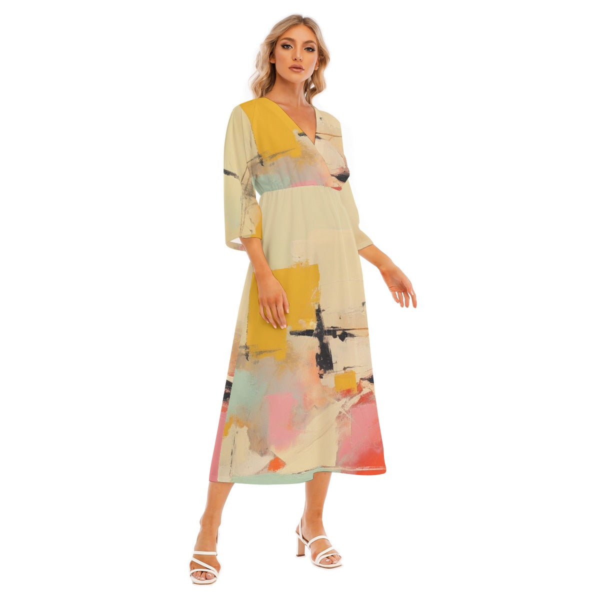 All-Over Print Women's Mid-Sleeve Long Dress