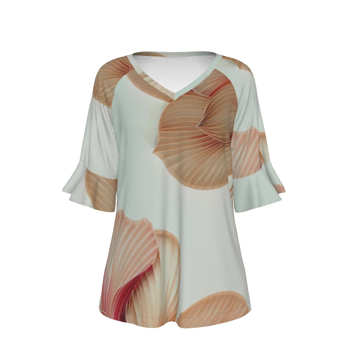 All-Over Print V-neck Women's T-shirt With Bell Sleeve