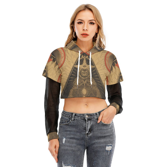 All-Over Print Women's Fake Two-piece Mesh Sleeve Cropped Hoodie