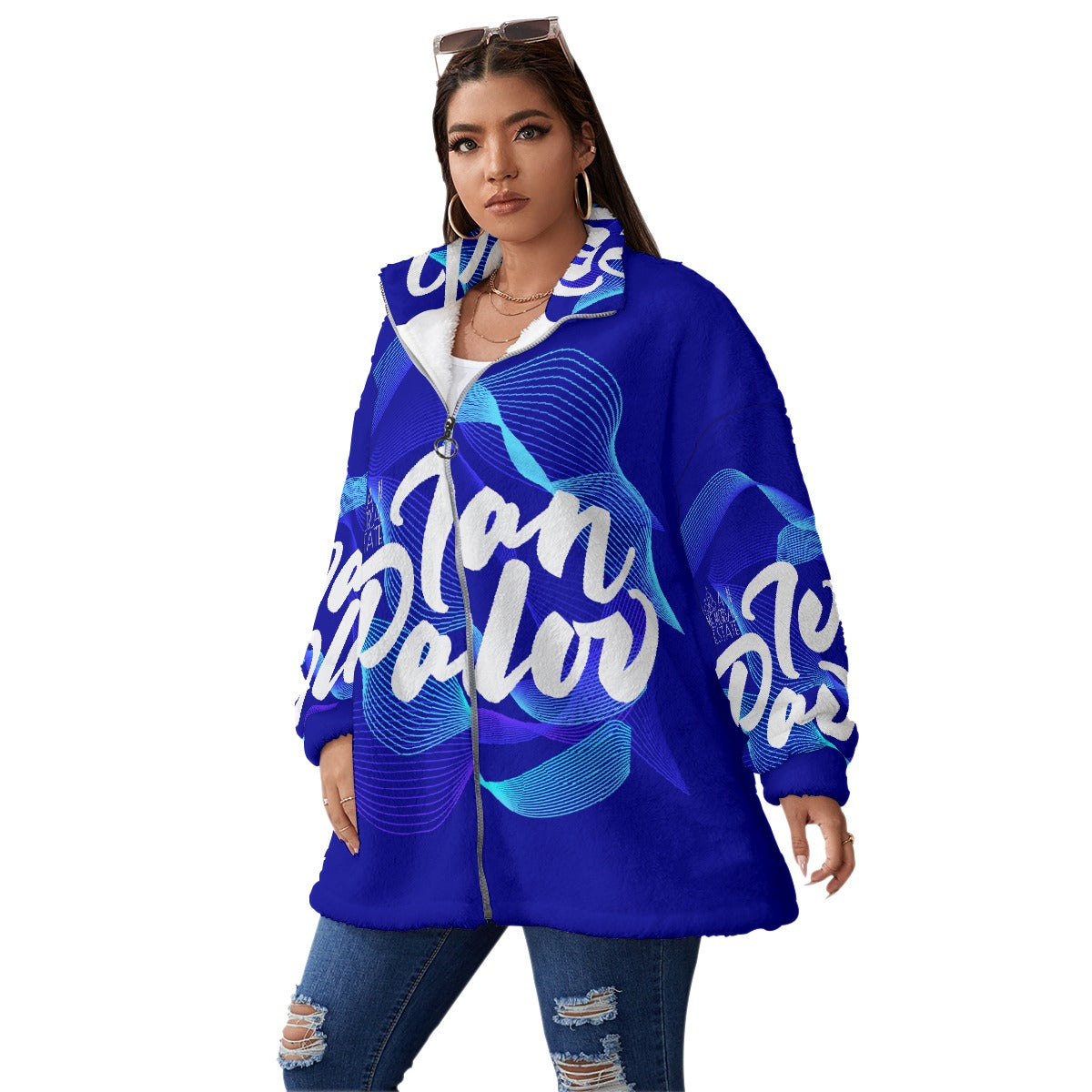 All-Over Print Unisex Borg Fleece Stand-up Collar Coat With Zipper Closure(Plus Size)