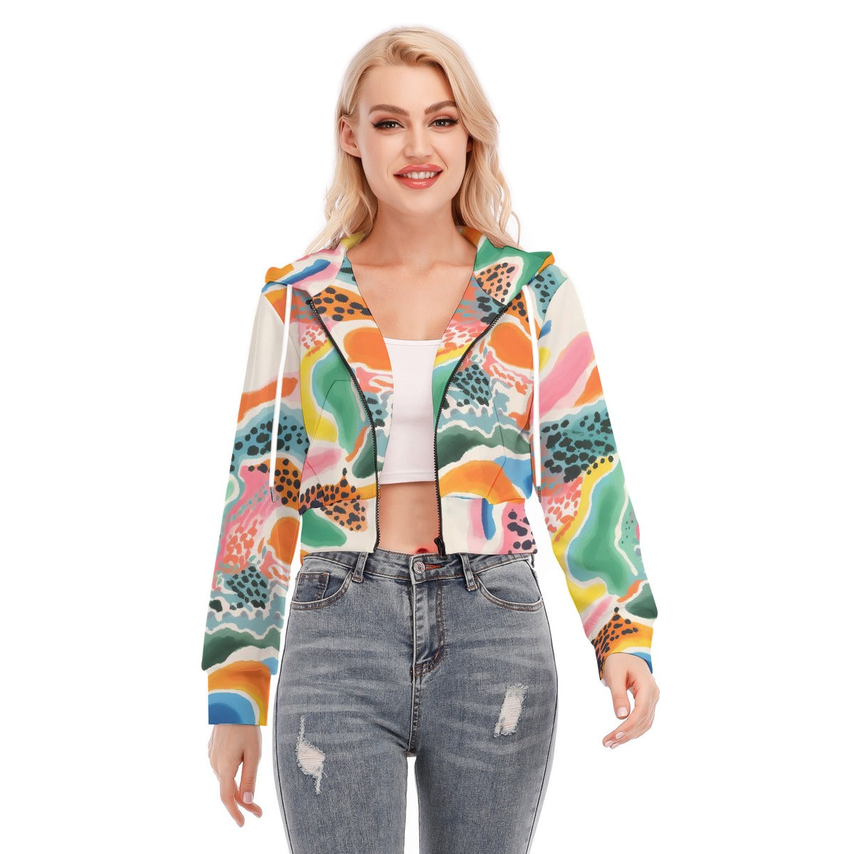 All-Over Print Women's Crop Top Hoodie With Zipper Closure