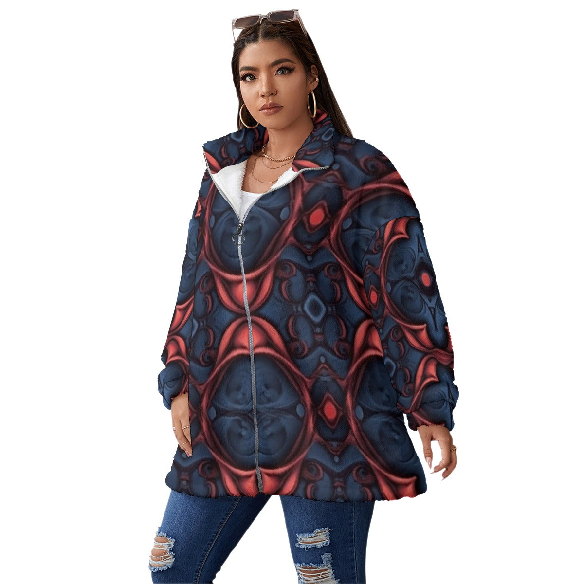 All-Over Print Unisex Borg Fleece Stand-up Collar Coat With Zipper Closure(Plus Size)