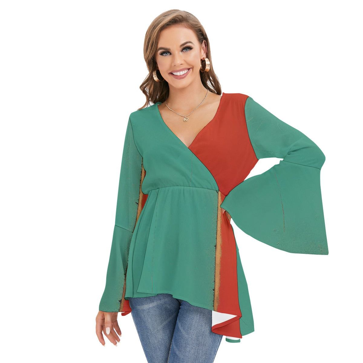 All-Over Print Women's V-neck Blouse With Flared Sleeves