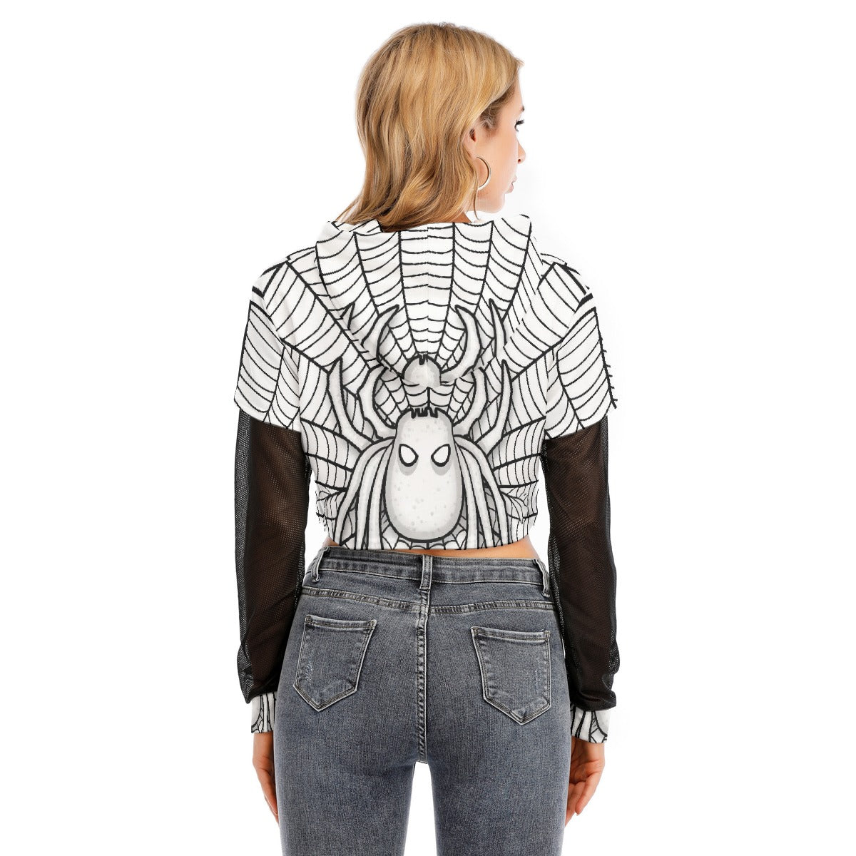All-Over Print Women's Fake Two-piece Mesh Sleeve Cropped Hoodie