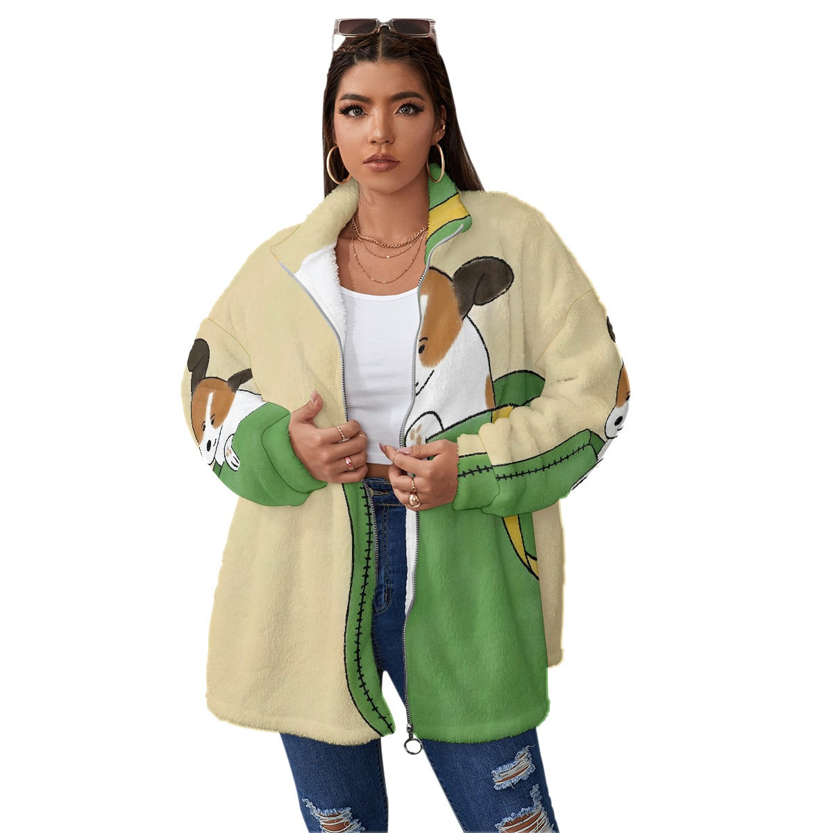 All-Over Print Unisex Borg Fleece Stand-up Collar Coat With Zipper Closure(Plus Size)