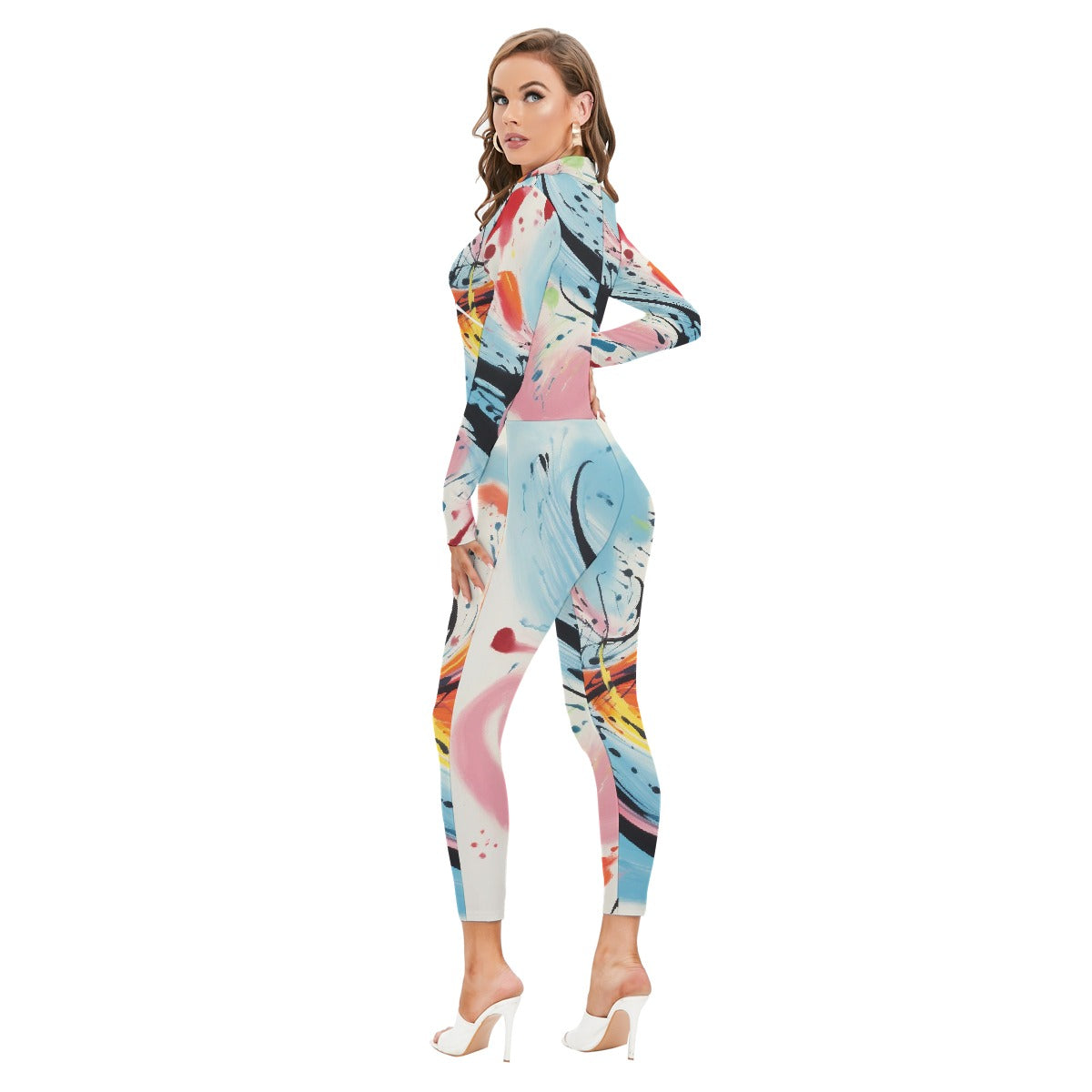 All-Over Print Women's Long-sleeved High-neck Jumpsuit With Zipper