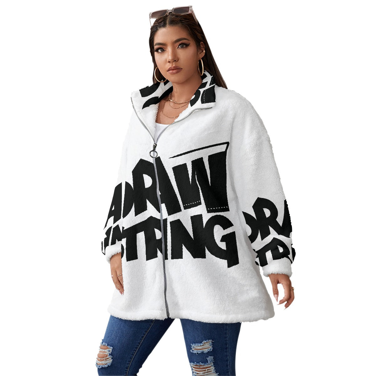 All-Over Print Unisex Borg Fleece Stand-up Collar Coat With Zipper Closure(Plus Size)