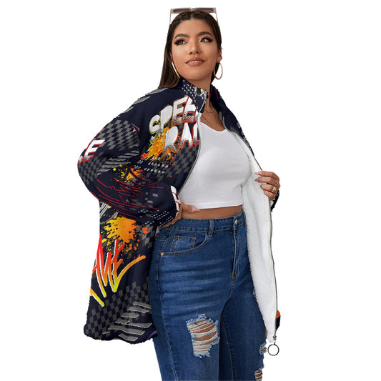 All-Over Print Unisex Borg Fleece Stand-up Collar Coat With Zipper Closure(Plus Size)