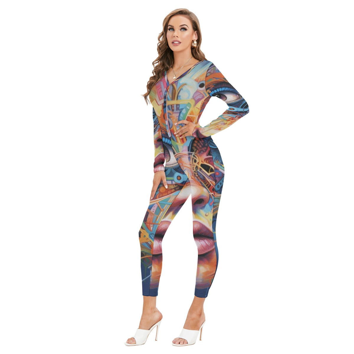All-Over Print Women's Plunging Neck Jumpsuit