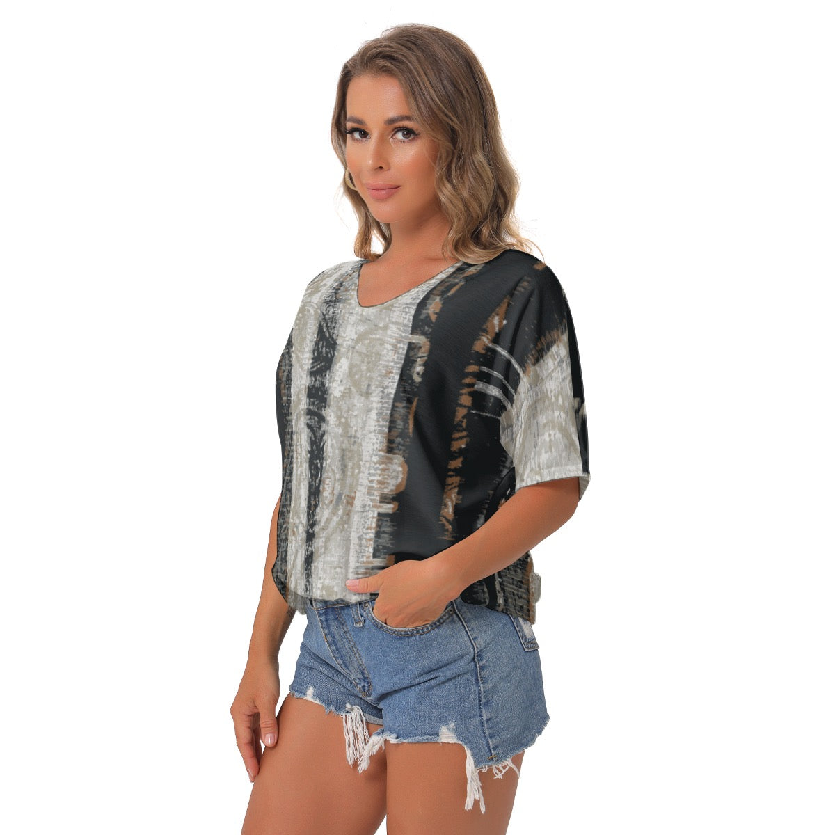 All-Over Print Women's Bat Sleeves V-Neck Blouse