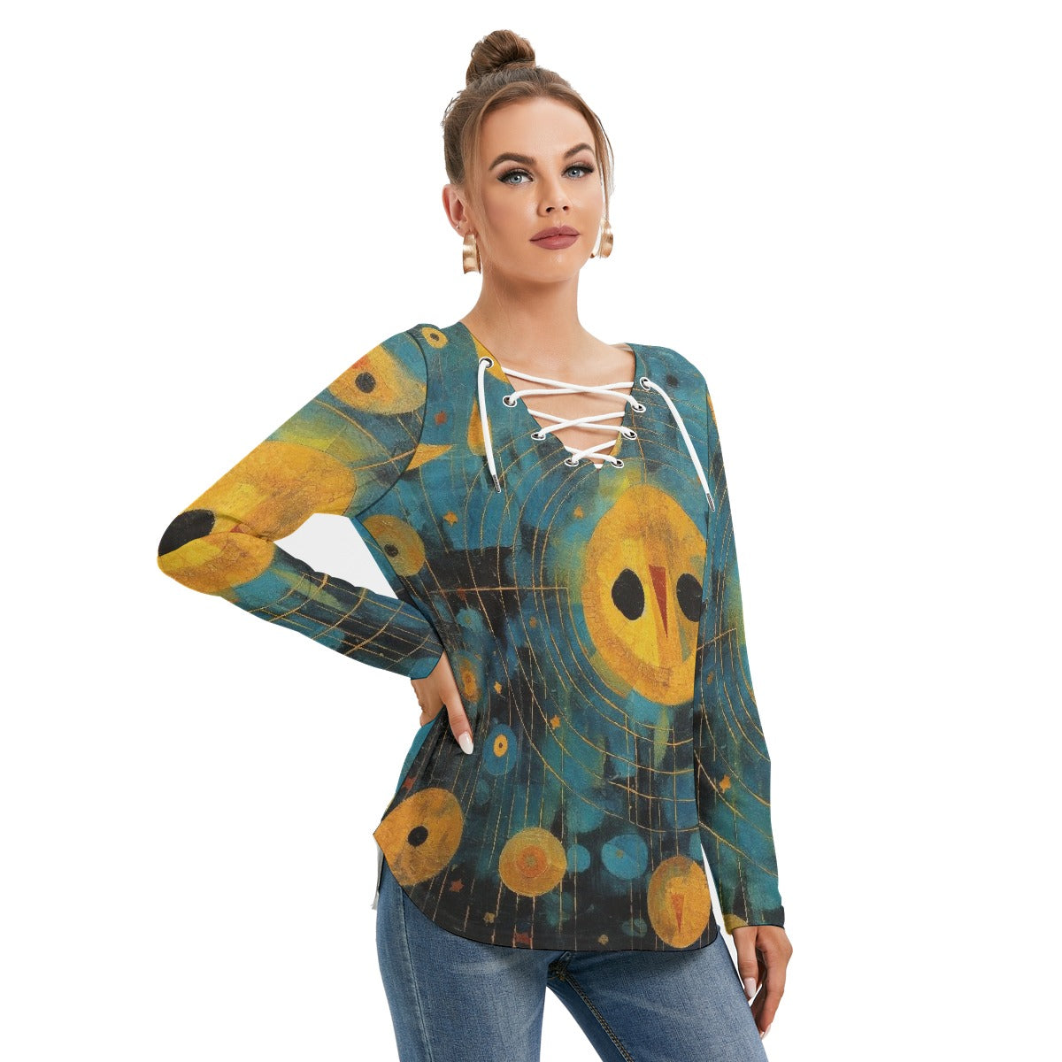 All-Over Print Women's Long Sleeve Neckline Tie Sweatshirt