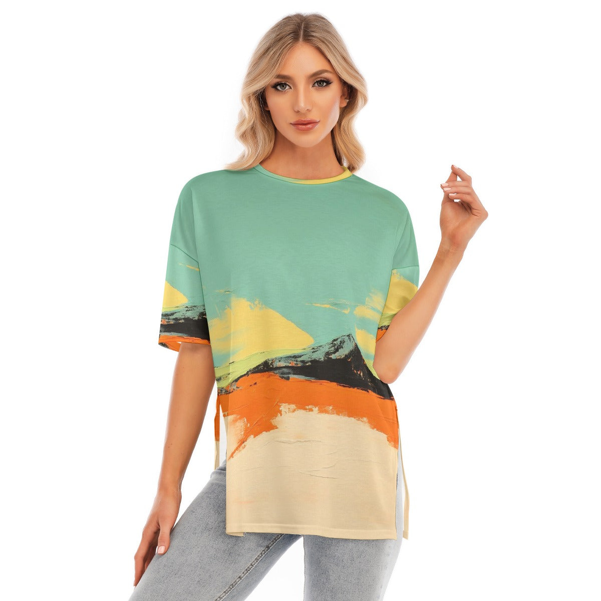 All-Over Print Women's Short Sleeves T-shirt With Hem Split