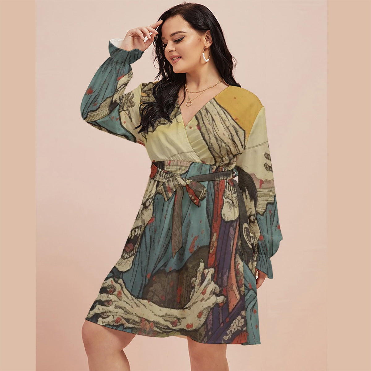 All-Over Print Women's V-neck Dress With Waistband(Plus Size)