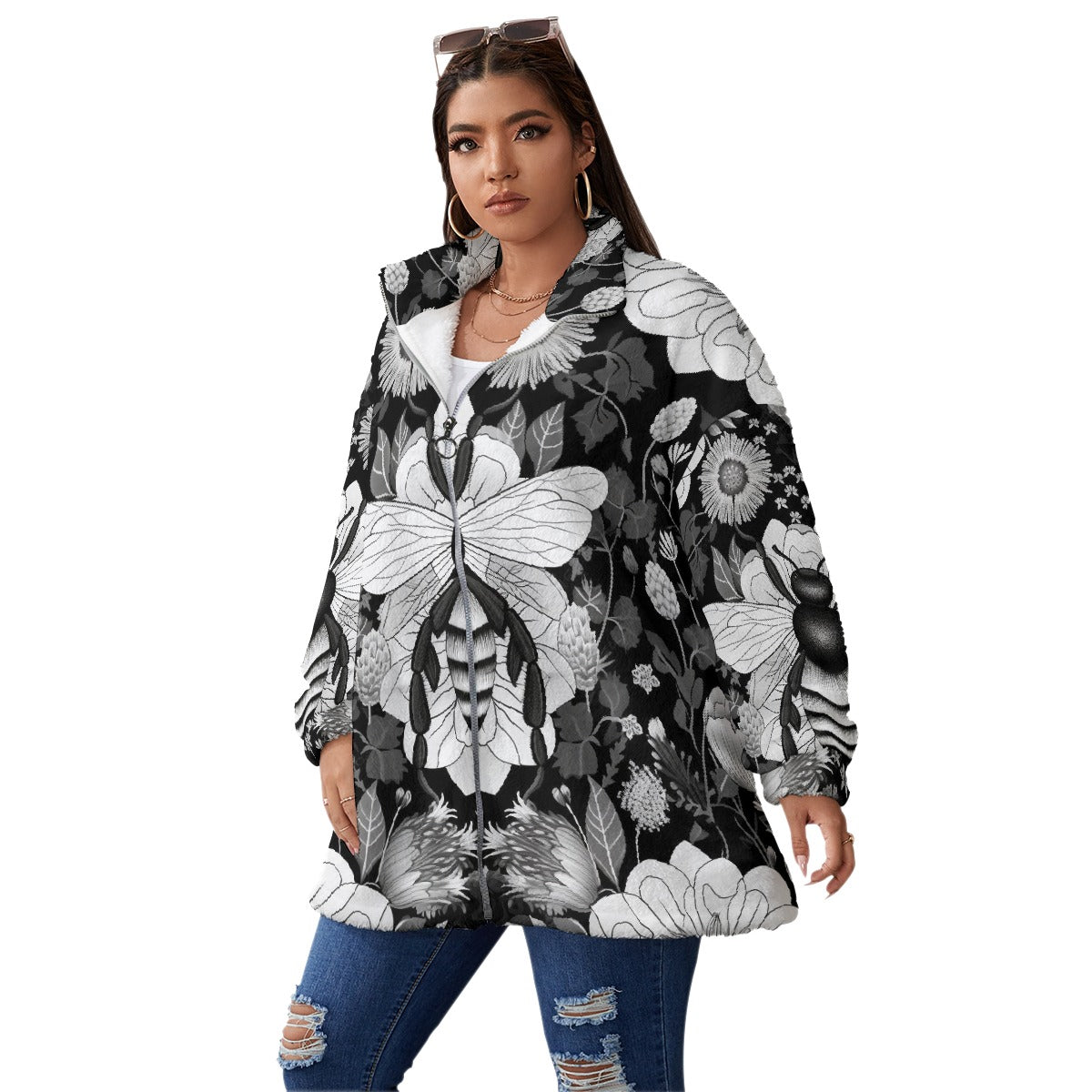 All-Over Print Unisex Borg Fleece Stand-up Collar Coat With Zipper Closure(Plus Size)