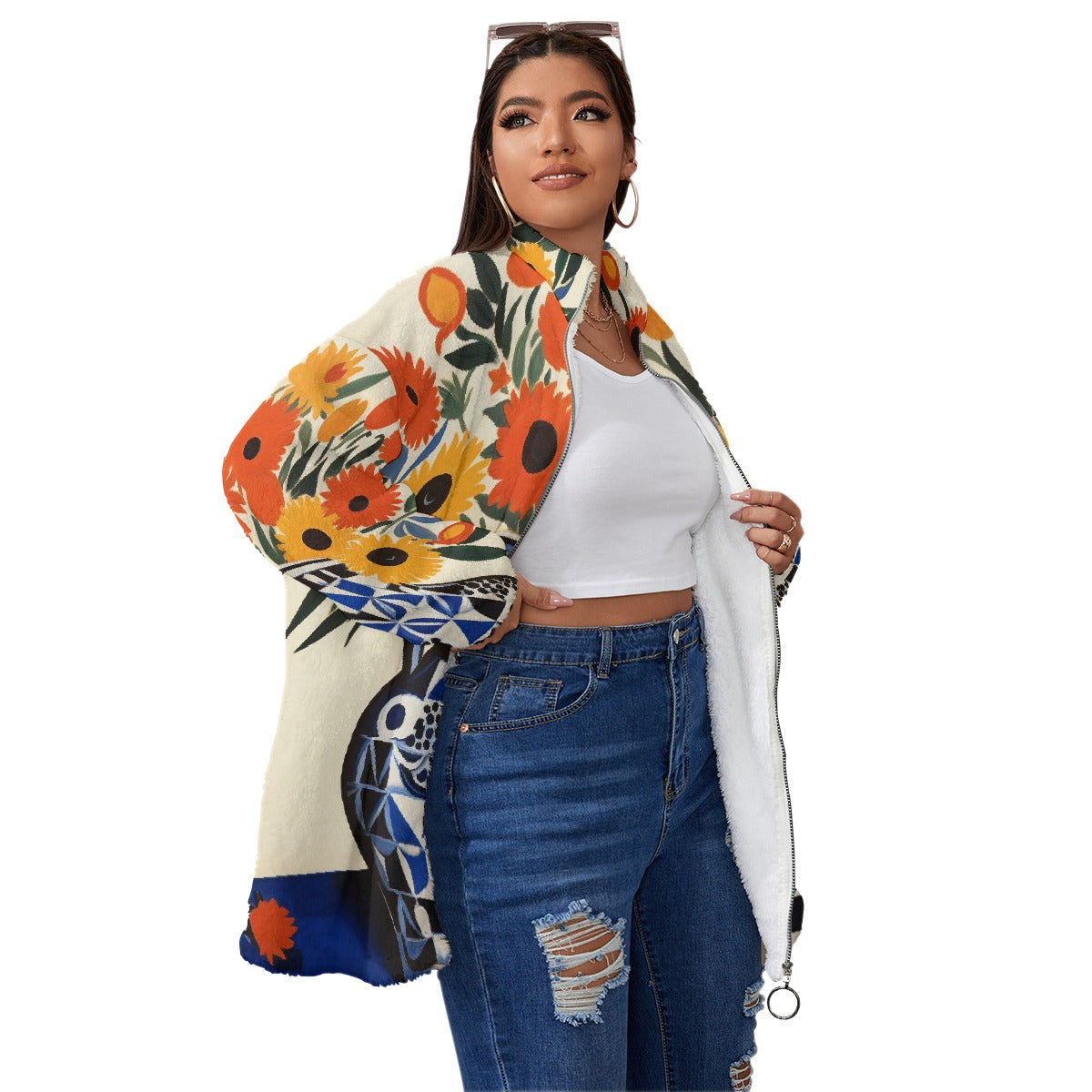 All-Over Print Unisex Borg Fleece Stand-up Collar Coat With Zipper Closure(Plus Size)