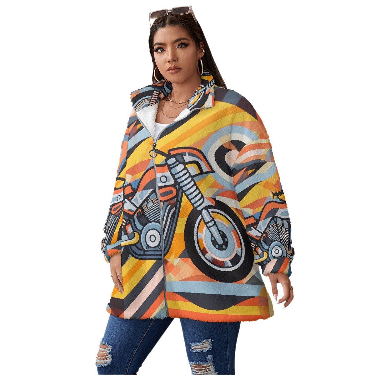 All-Over Print Unisex Borg Fleece Stand-up Collar Coat With Zipper Closure(Plus Size)