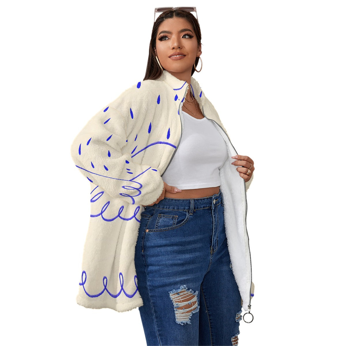 All-Over Print Unisex Borg Fleece Stand-up Collar Coat With Zipper Closure(Plus Size)