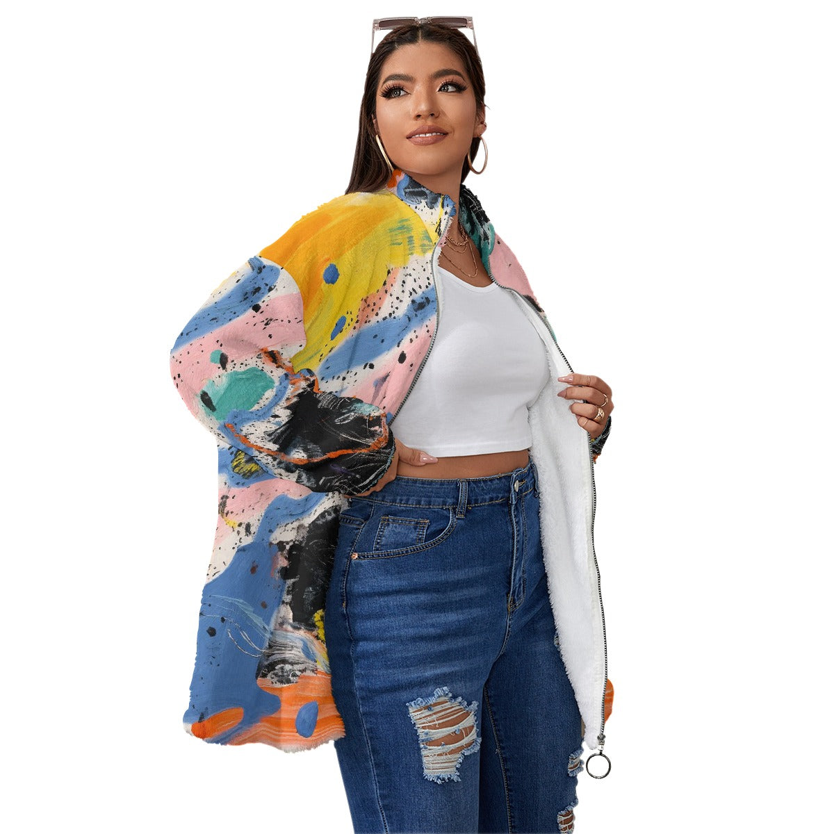 All-Over Print Unisex Borg Fleece Stand-up Collar Coat With Zipper Closure(Plus Size)