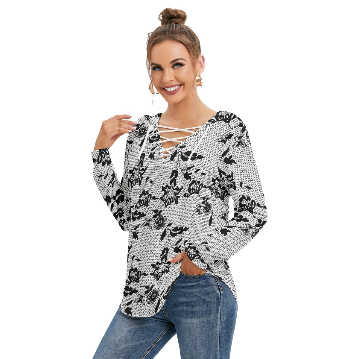 All-Over Print Women's Long Sleeve Neckline Tie Sweatshirt
