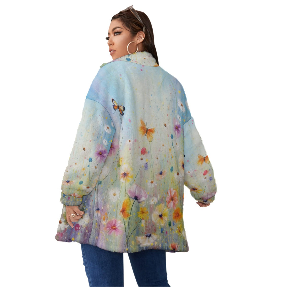 All-Over Print Unisex Borg Fleece Stand-up Collar Coat With Zipper Closure(Plus Size)