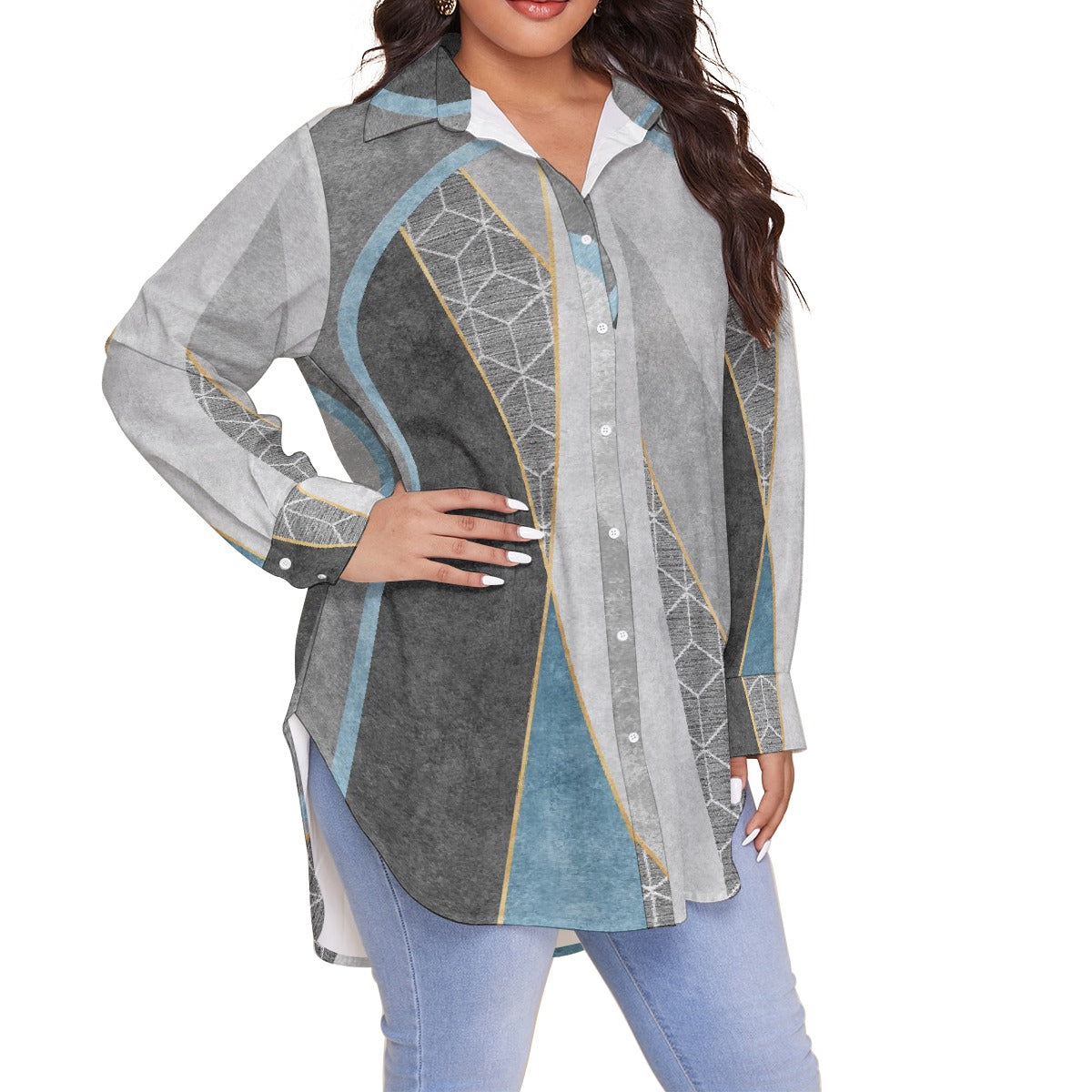 All-Over Print Women's Shirt With Long Sleeve(Plus Size)