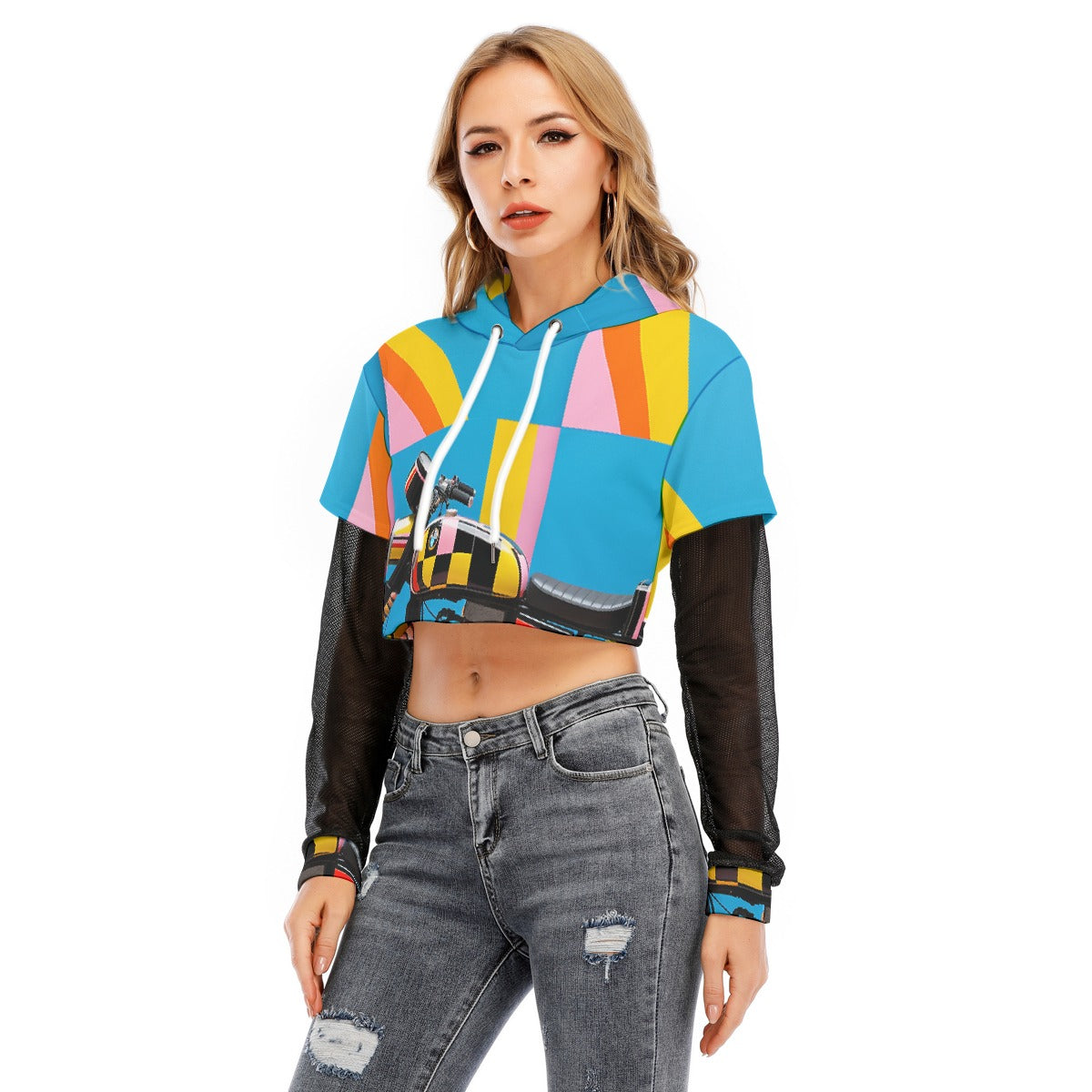 All-Over Print Women's Fake Two-piece Mesh Sleeve Cropped Hoodie
