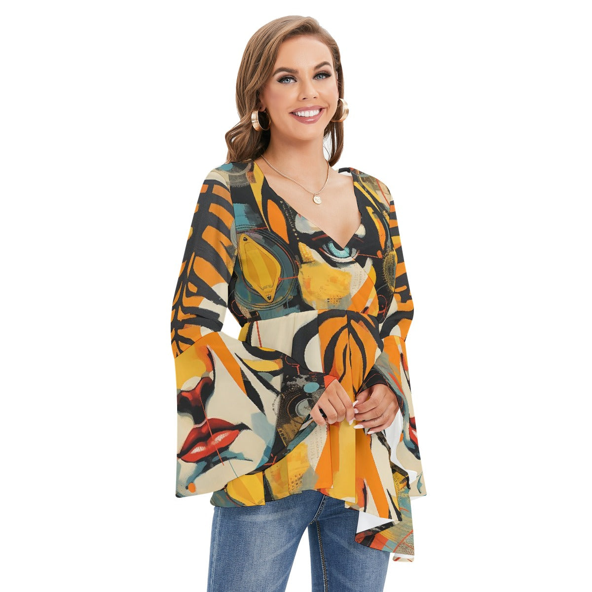 All-Over Print Women's V-neck Blouse With Flared Sleeves