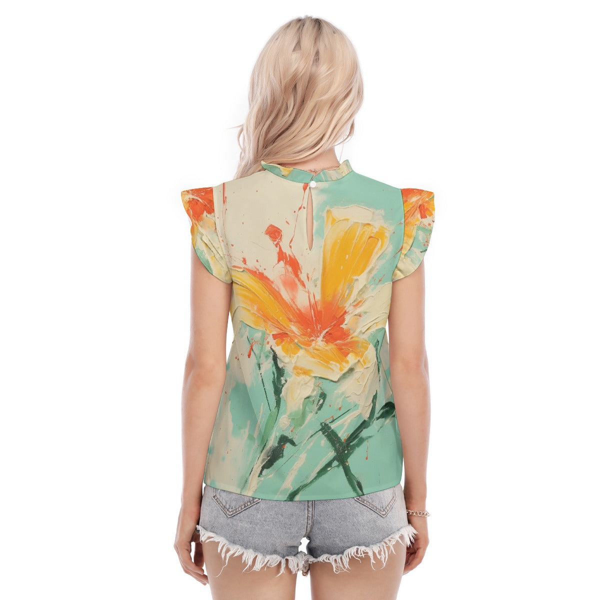 All-Over Print Women's Blouse With Ruffle Collar And Sleeve