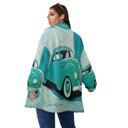 All-Over Print Unisex Borg Fleece Stand-up Collar Coat With Zipper Closure(Plus Size)