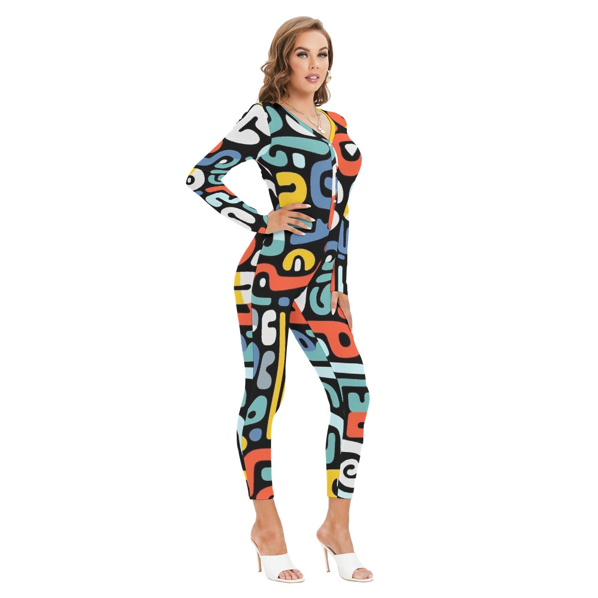 All-Over Print Women's Plunging Neck Jumpsuit