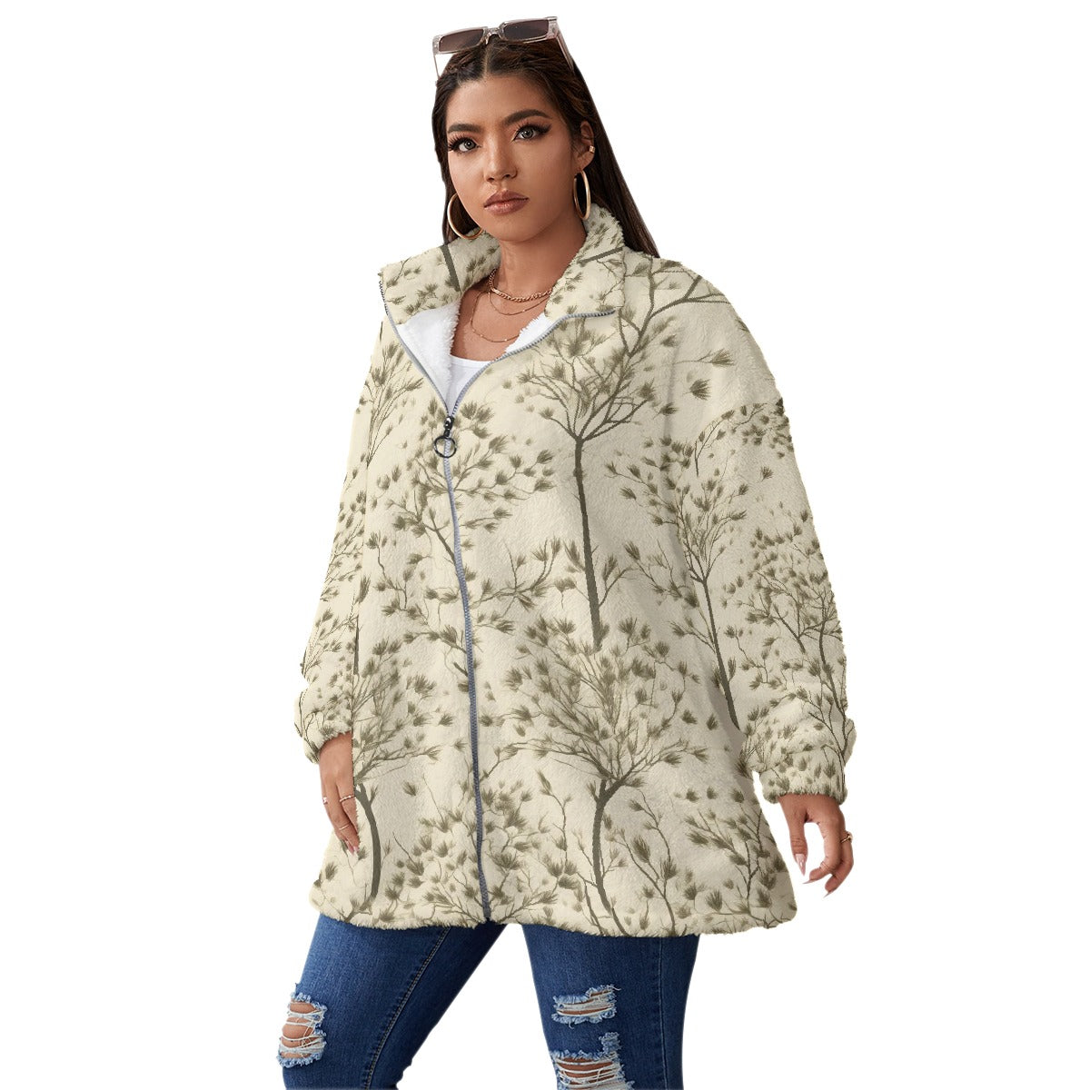 All-Over Print Unisex Borg Fleece Stand-up Collar Coat With Zipper Closure(Plus Size)