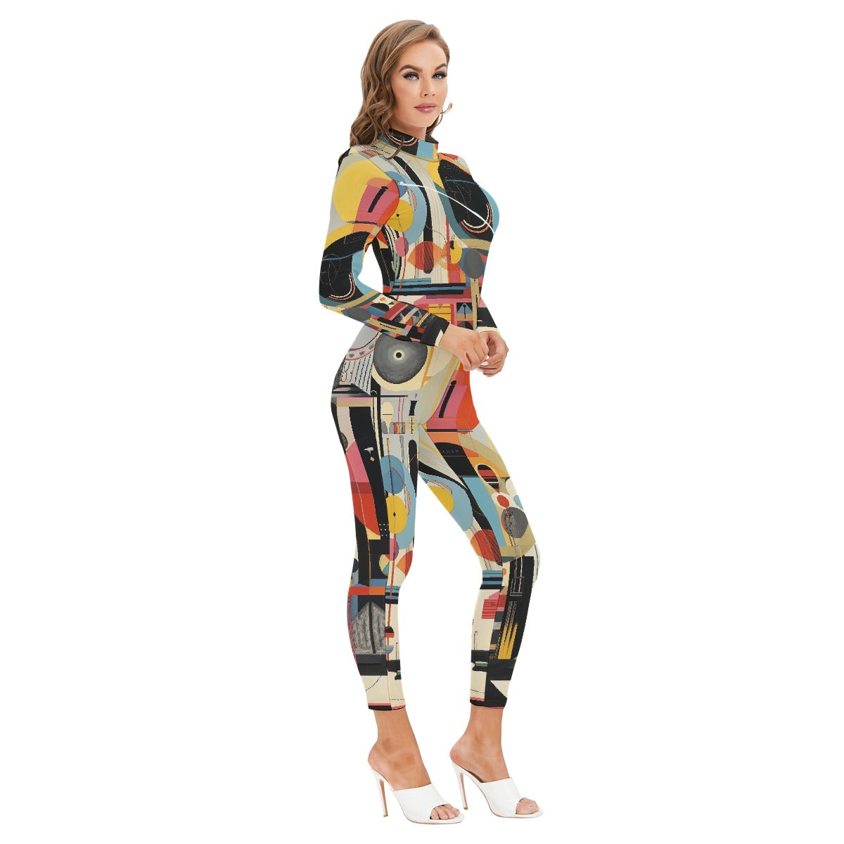 All-Over Print Women's Long-sleeved High-neck Jumpsuit With Zipper