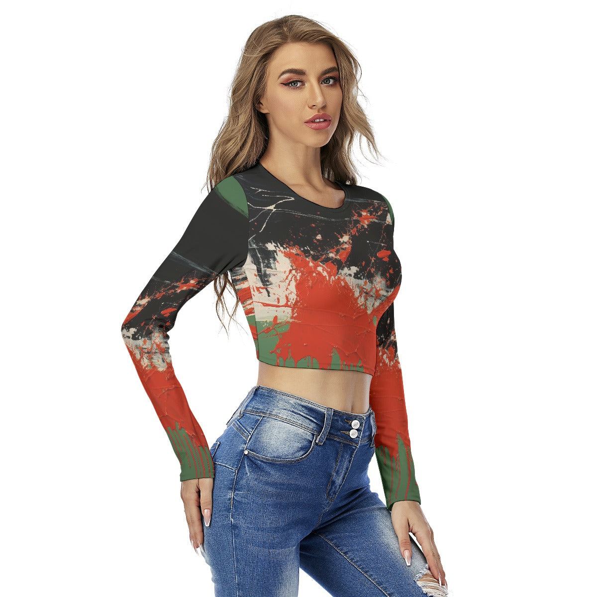 All-Over Print Women's Round Neck Crop Top T-Shirt
