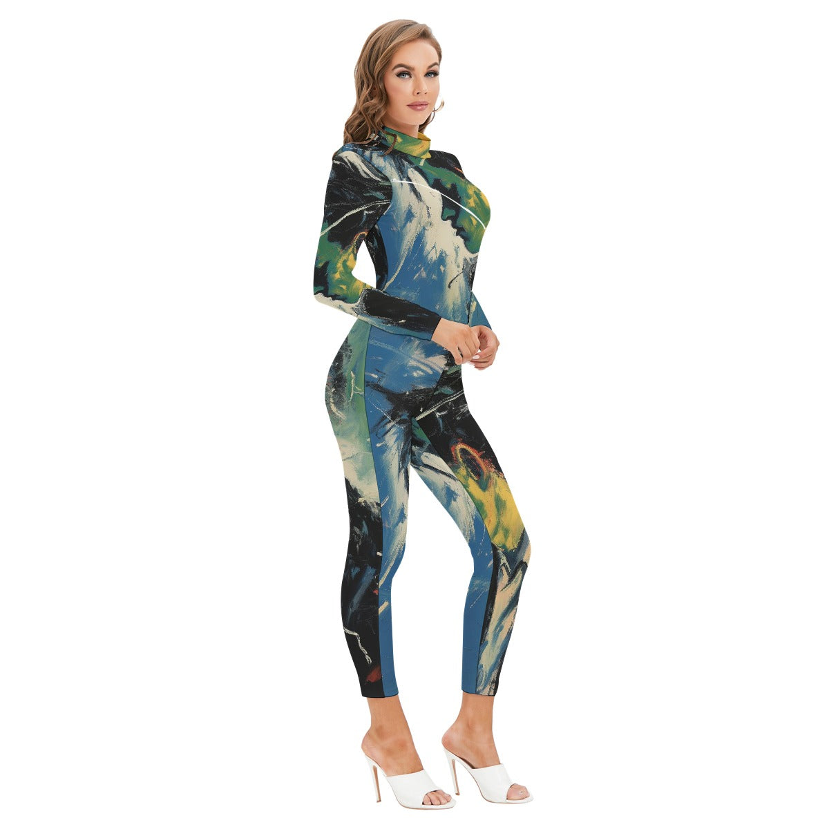 All-Over Print Women's Long-sleeved High-neck Jumpsuit With Zipper
