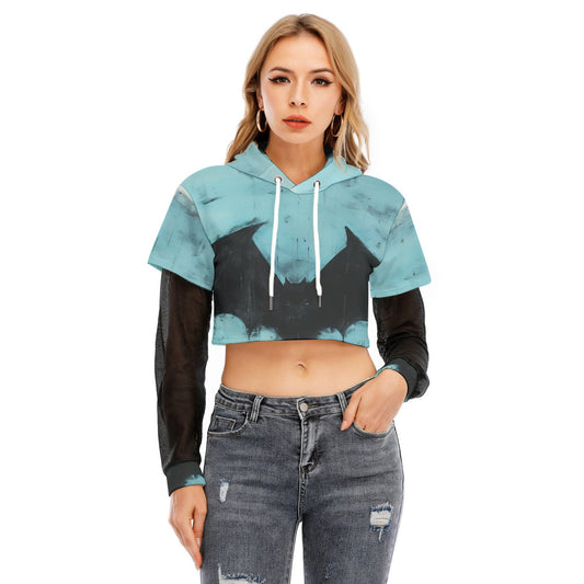 All-Over Print Women's Fake Two-piece Mesh Sleeve Cropped Hoodie