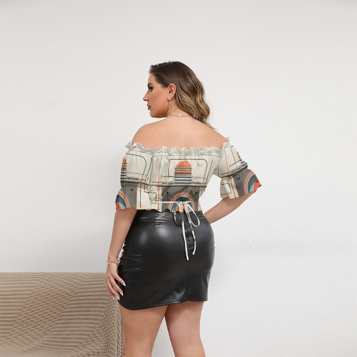 All-Over Print Women's Off-shoulder Cropped Top With Short Puff Sleeve