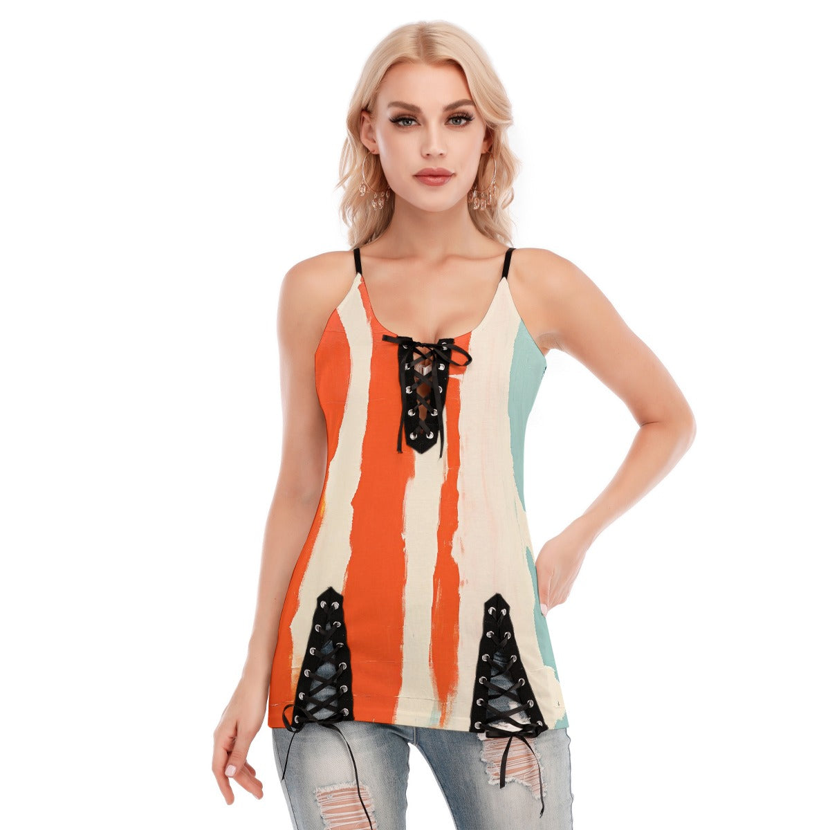 All-Over Print Women's V-neck Eyelet Lace-up Cami Dress