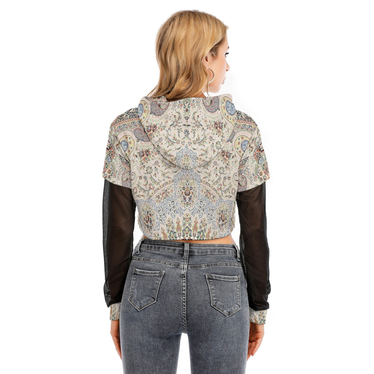 All-Over Print Women's Fake Two-piece Mesh Sleeve Cropped Hoodie